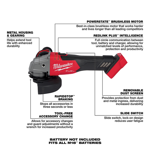 Milwaukee 2880-20 M18 FUEL Brushless Lithium-Ion 4-1/2 in. / 5 in. Cordless Small Angle Grinder with No-Lock Paddle Switch (Tool Only)