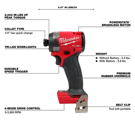 Milwaukee 2953-20 M18 Fuel 1/4" Impact Driver 3900 Rpm Tool Only (Brushless Lithium Ion Cordless)