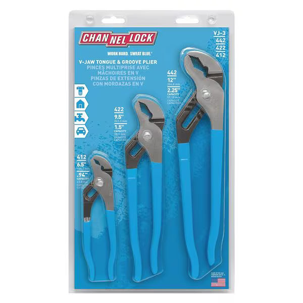 CHANNELLOCK 3-Piece Tongue & Groove Plier Set Blue Handles 6.5-12 inches. Model: VJ-3