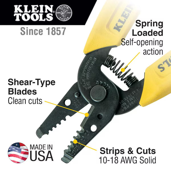 KLEIN TOOLS Wire Stripper/Cutter, 10 to 18 AWG, 6-1/4 in, Yellow