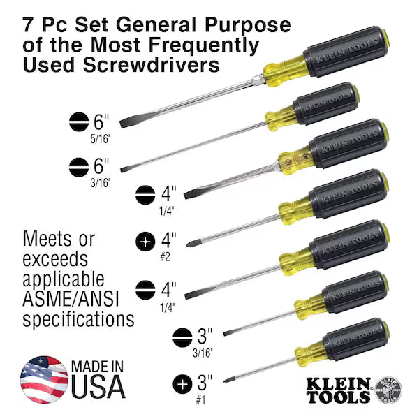 KLEIN TOOLS Screwdriver Set, General Purpose, Slotted and Phillips Tip, Steel Shank, Ergonomic Grip, 7-Piece
