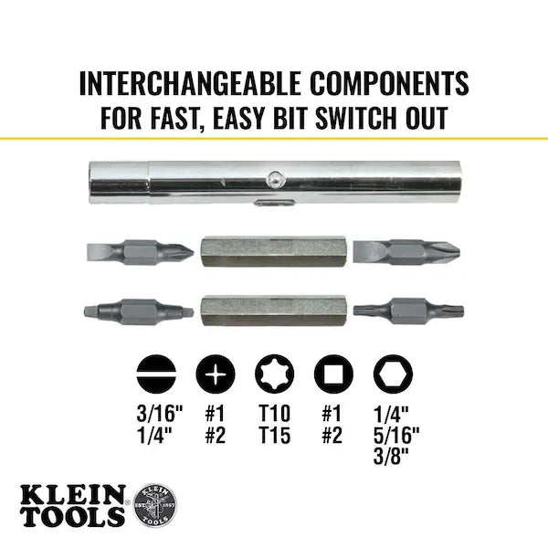 KLEIN TOOLS Multi-Bit Screwdriver / Nut Driver, 11-in-1, 8 Tips (Phillips, Slotted, Torx, Square), Cushion Grip