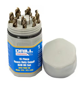 DRILL AMERICA 15 Piece Cobalt Drill Bit Set in Plastic Case, 1/16 in.-1/2 in.x1/32 in.
