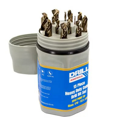 DRILL AMERICA 15 Piece Cobalt Drill Bit Set in Plastic Case, 1/16 in.-1/2 in.x1/32 in.