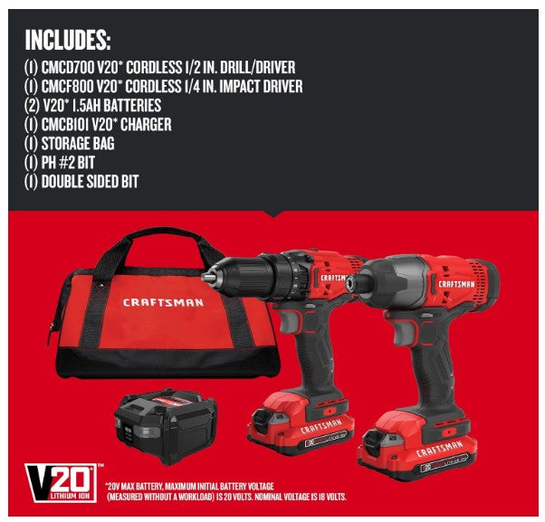 CRAFTSMAN V20 MAX Drill & Impact Combo Kit CMCK200C2