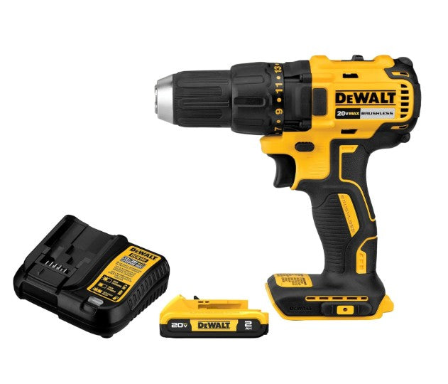 DEWALT 20V MAX Cordless Drill Driver Set, Electric Drill, Brushless 1/2 In 2 Speed, 2.0 Ah Battery and Charger Included, LED Light (DCD777D1)