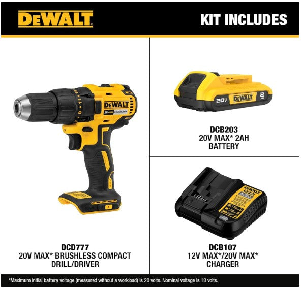 DEWALT 20V MAX Cordless Drill Driver Set, Electric Drill, Brushless 1/2 In 2 Speed, 2.0 Ah Battery and Charger Included, LED Light (DCD777D1)