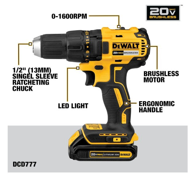 DEWALT 20V MAX Cordless Drill Driver Set, Electric Drill, Brushless 1/2 In 2 Speed, 2.0 Ah Battery and Charger Included, LED Light (DCD777D1)