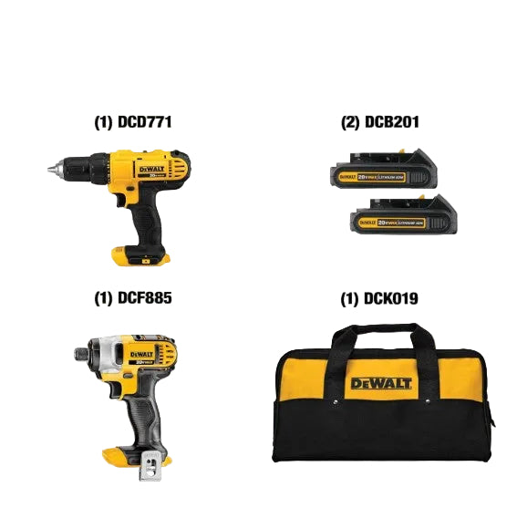 DeWalt power tool set with drill, batteries, impact driver, and bag on a white background