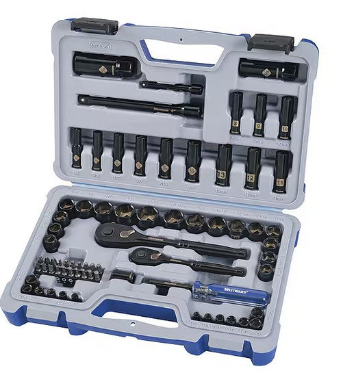 WESTWARD 1/4", 3/8" Drive Socket Set SAE, Metric 70 Pieces 1/4 in to 3/4 in, 4 mm to 19 mm , Chrome