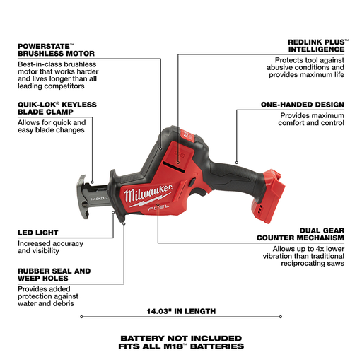 Milwaukee 2719-20 M18 Fuel Hackzall Reciprocating Saw (Tool Only) (Brushless Lithium Ion Cordless)